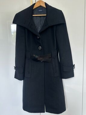 SEVENTY Black Wool Cashmere leather Belt trench Coat Made in Italy small